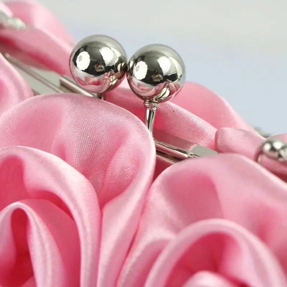 Elegant Pink Satin Roses Party Purse Handbag w/Rhinestone Handle & Chain - Picture 4 of 11